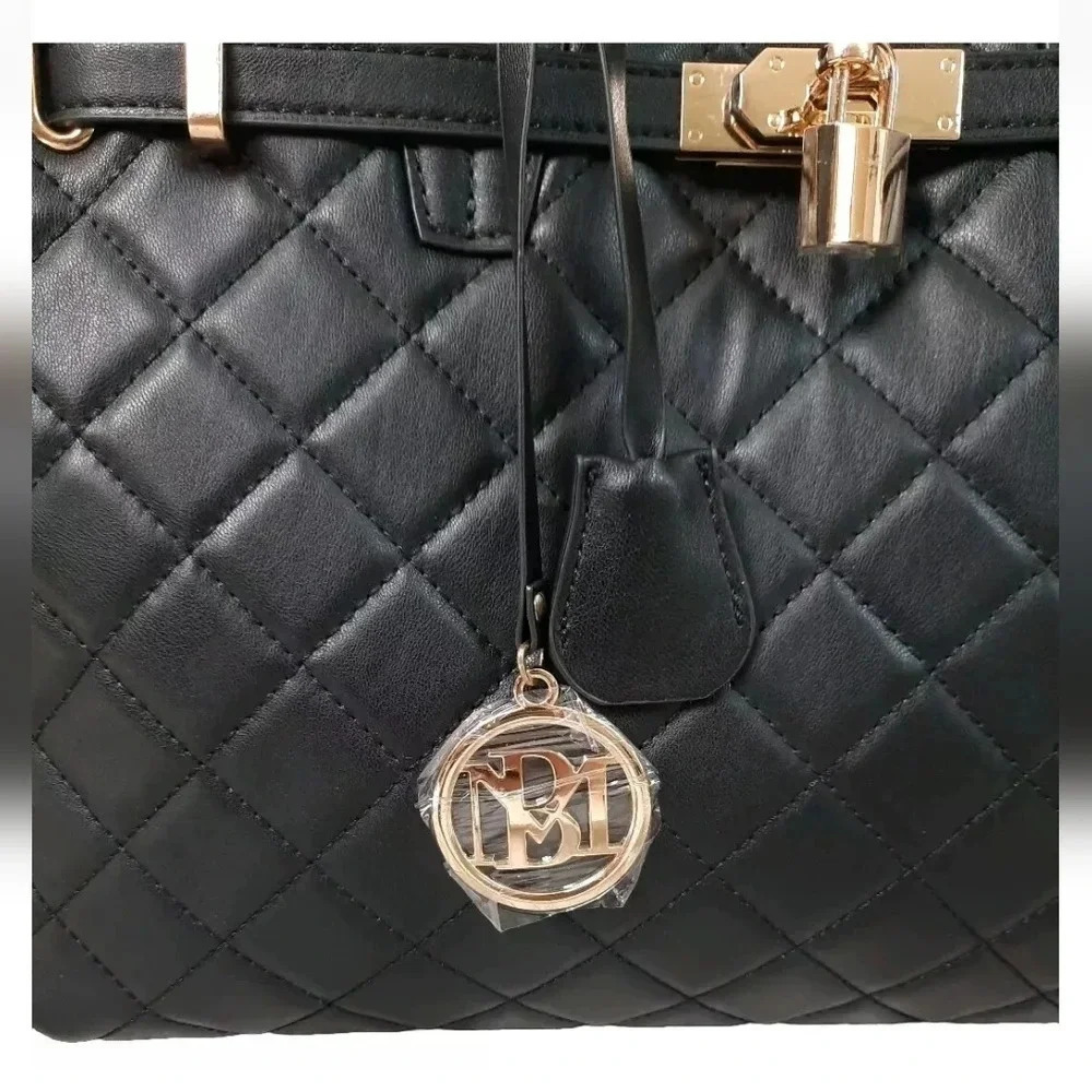 NWT Badgley Mischka Big Quilted Black Diamond Pattern Tote Bag With Front Lock - Picture 3 of 13
